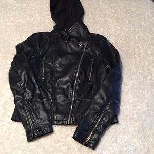 Faux leather jacket with detachable hood
